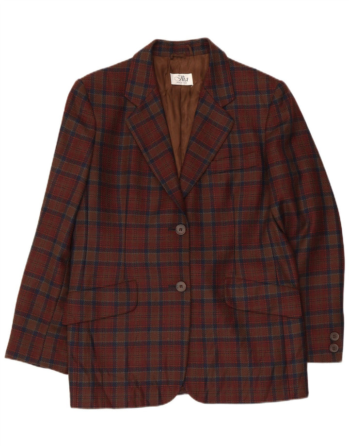 VINTAGE Veste Blazer 2 Boutons Femme IT 44 Laine Vierge à Carreaux Marron Moyen