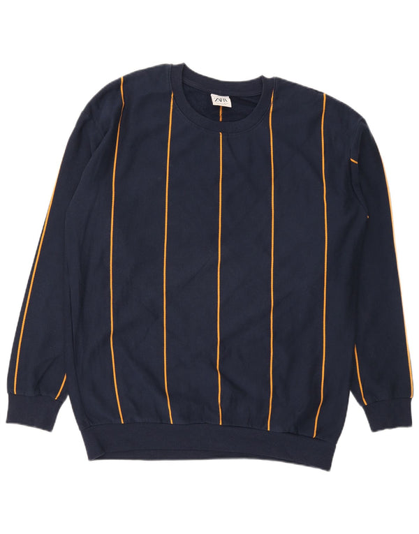 Zara Mens Sweatshirt Jumper Large Navy Blue Striped Cotton