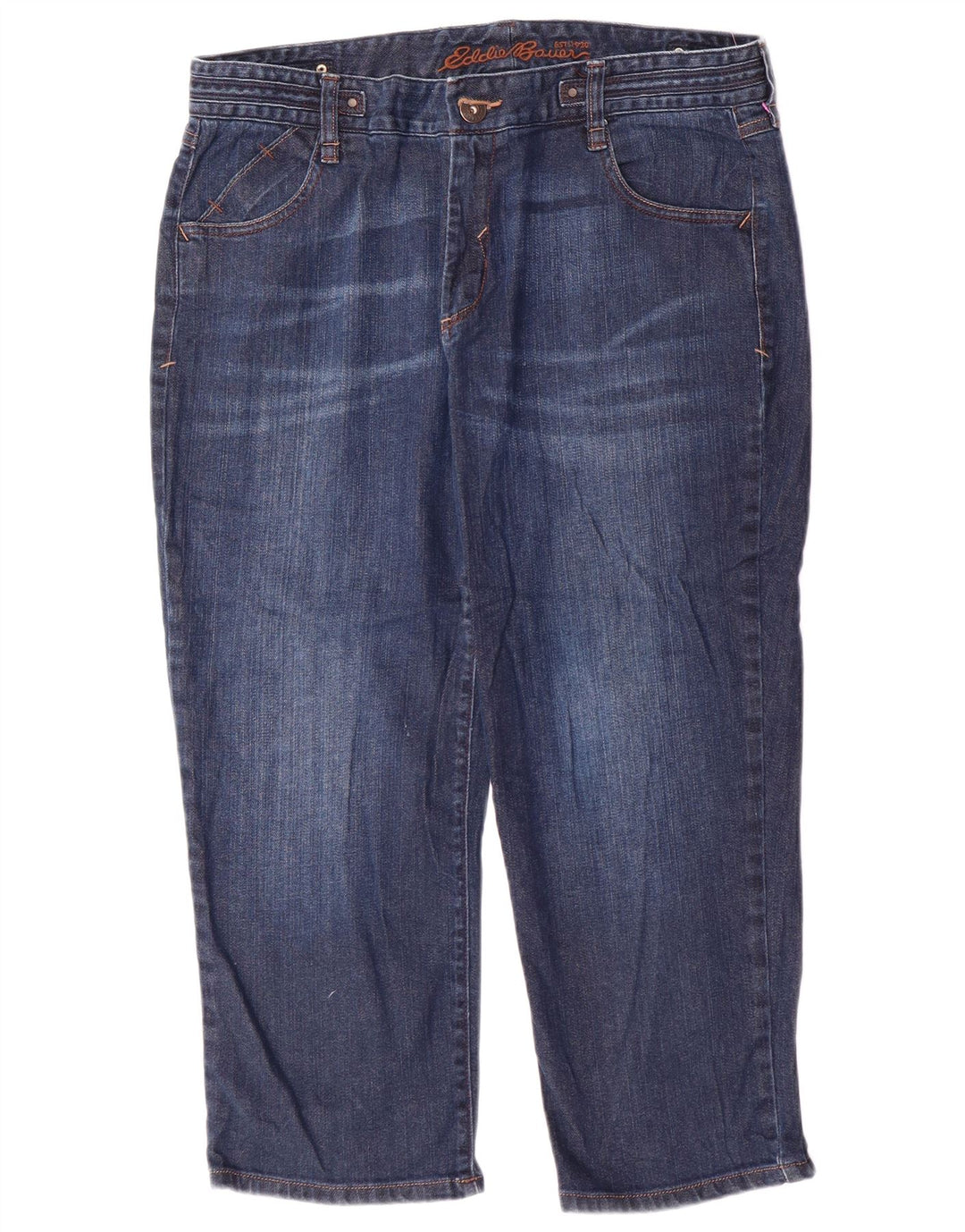EDDIE BAUER Jean Capri haut pour femme US 12 Large W34 L23 Bleu marine en coton