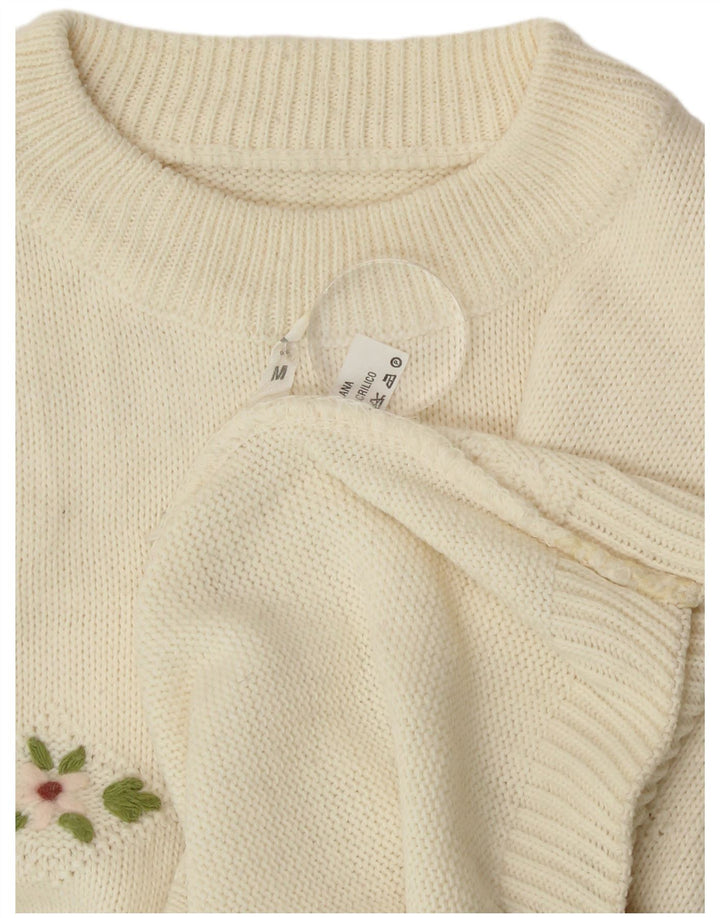 vintage Femme Crew Neck Jumper Pull UK 14 Moyen Off White Wool