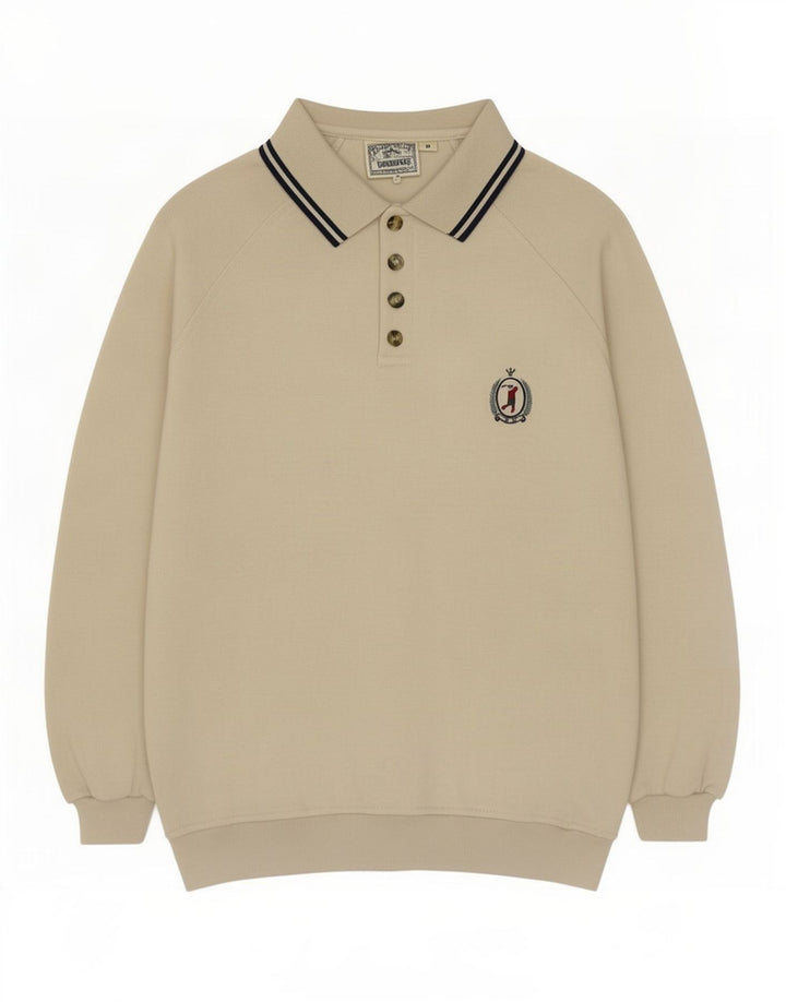 vintage Mens Polo Neck Sweatshirt Jumper Moyen Beige Coton