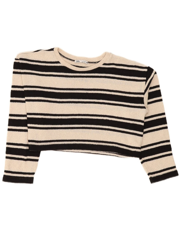 Zara Womens Crop Boat Neck Jumper Sweater UK 10 Petit Beige Rayé