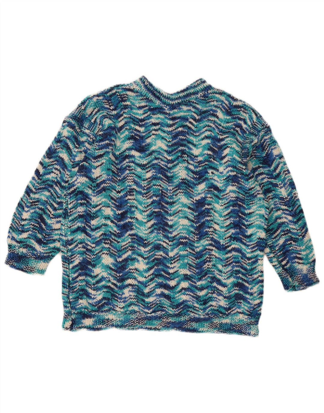 vintage Womens Crew Neck Jumper Pull UK 14 Moyen Bleu Géométrique