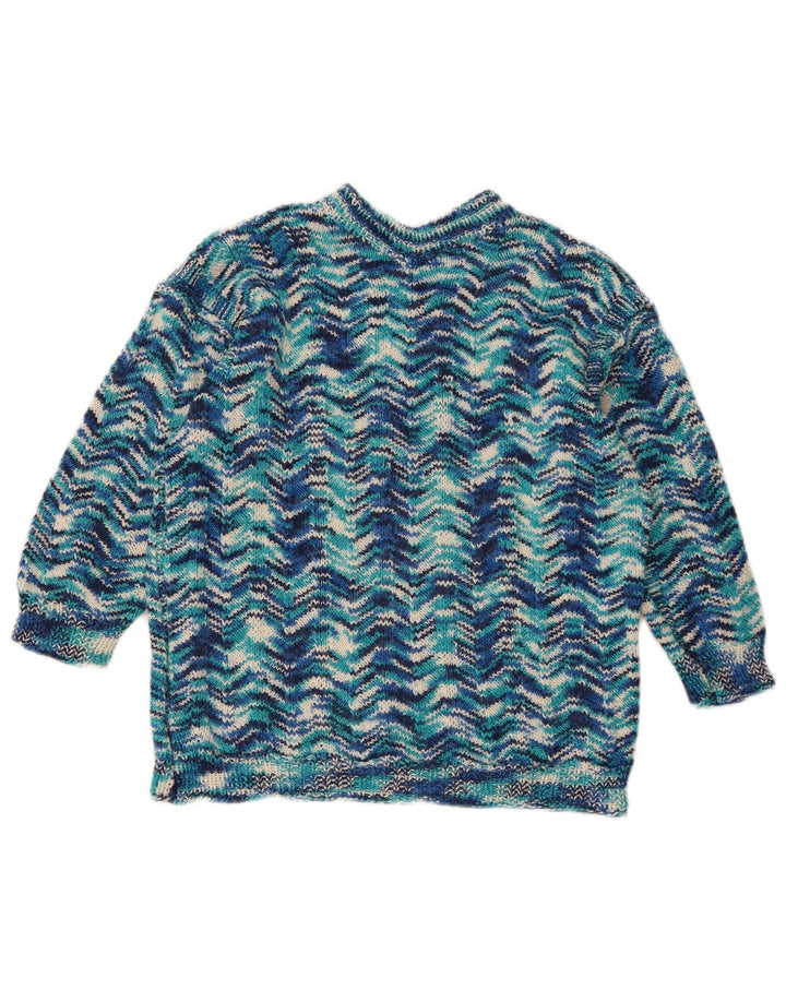 vintage Womens Crew Neck Jumper Pull UK 14 Moyen Bleu Géométrique