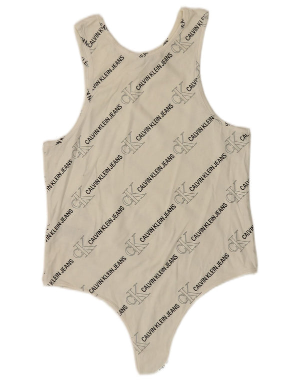 CALVIN KLEIN JEANS Body graphique sans manches pour femme UK 14 Large Blanc