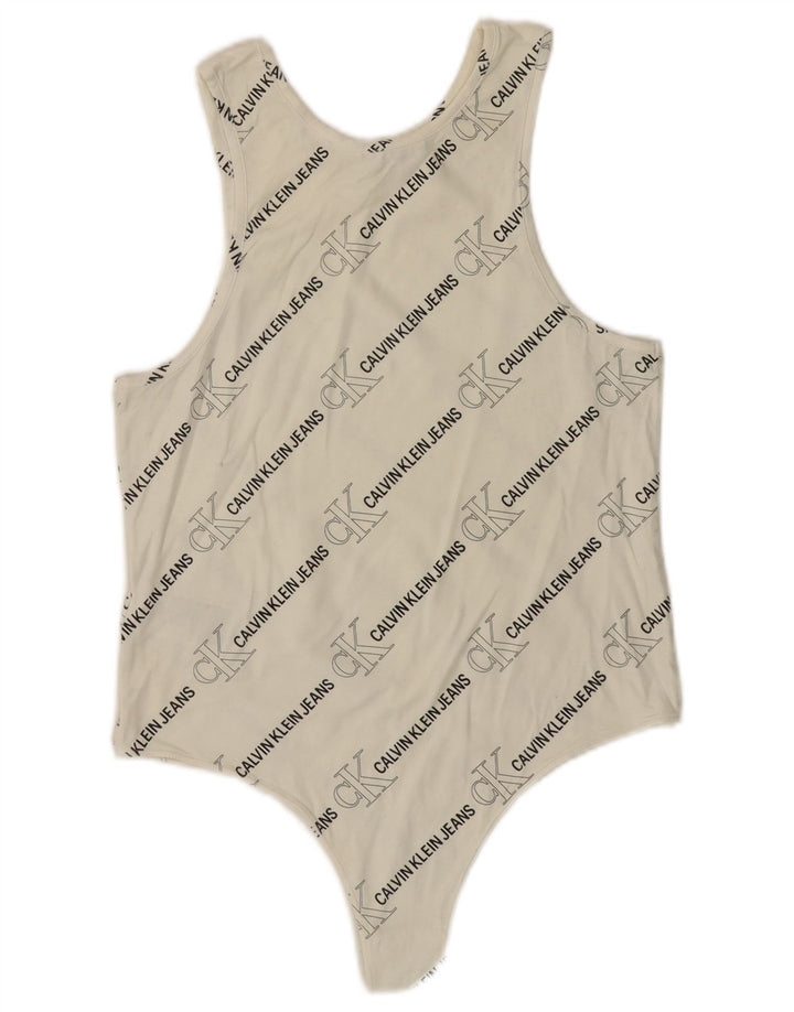 CALVIN KLEIN JEANS Body graphique sans manches pour femme UK 14 Large Blanc