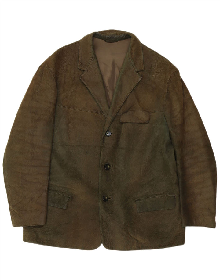 vintage Homme 3 Boutons Veste Blazer En Cuir UK 38 Kaki Moyen