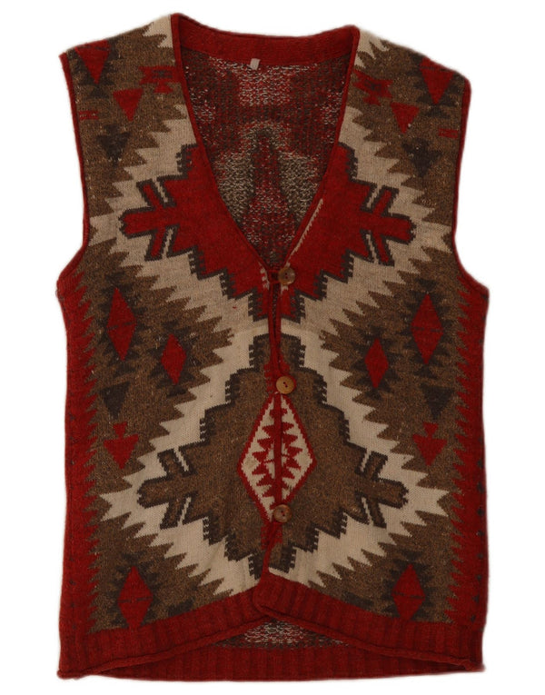 vintage Femmes Sans Manches Cardigan Pull UK 14 Moyen Rouge Géométrique Aztèque