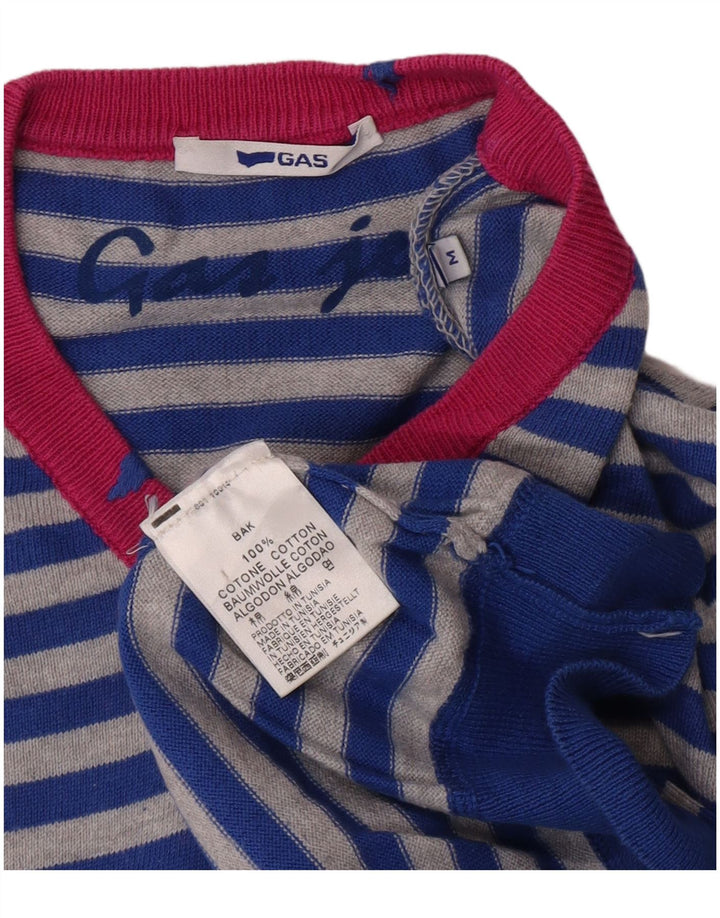 Gas Pull Col V Homme Bleu Moyen Rayé Coton