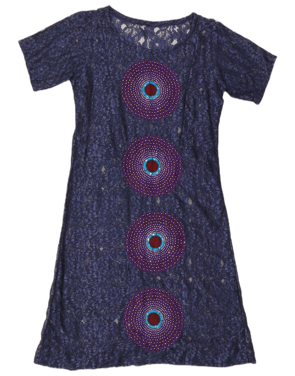 vintage Womens Lace Basic Dress UK 16 Grand Bleu Marine Géométrique