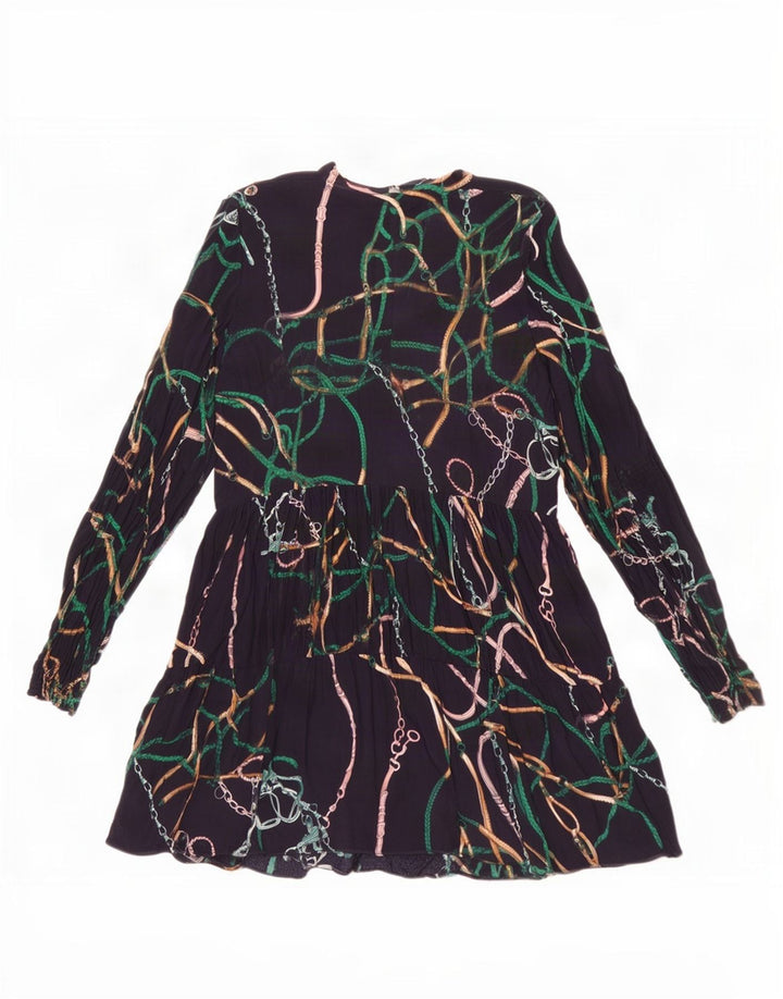Zara Robe à volants à manches longues et motif abstrait pour femme UK 16 Large Bleu marine