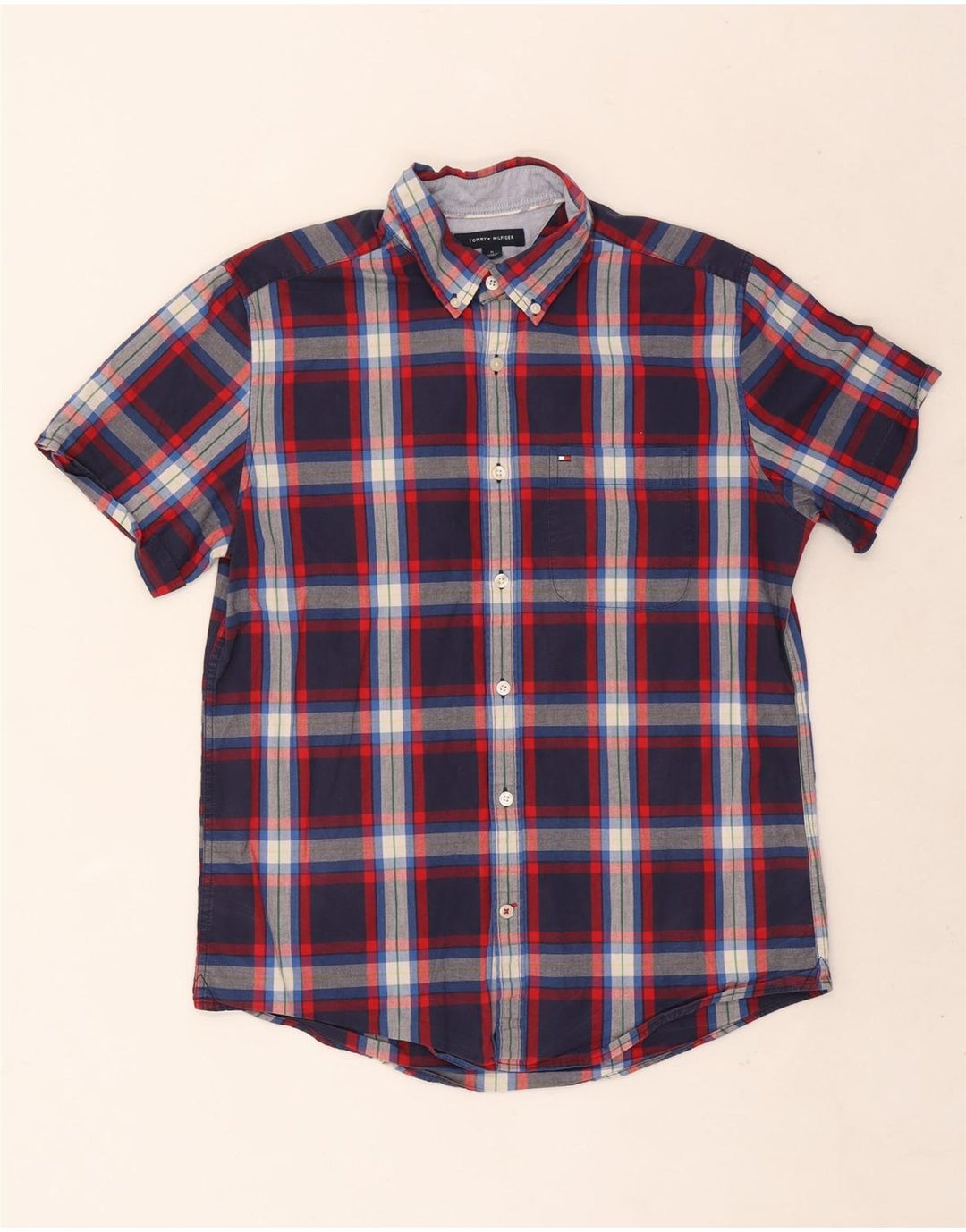 Tommy Hilfiger Chemise Slim à Manches Courtes Homme Bleu Marine Moyen à Carreaux