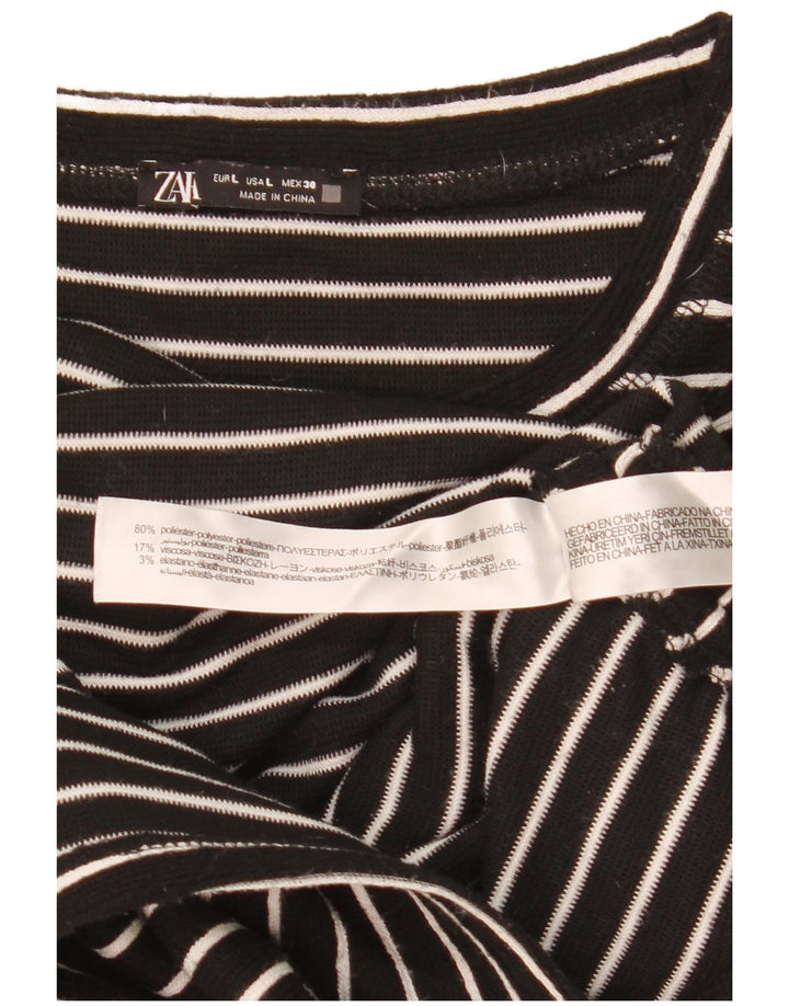 Zara Femme Crop Top Manches Longues UK 16 Grand Noir Rayé Polyester
