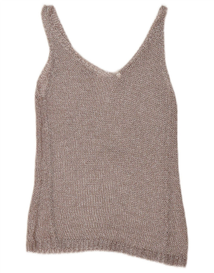 vintage Femmes Crochet Gilet Top UK 12 Moyen Argent