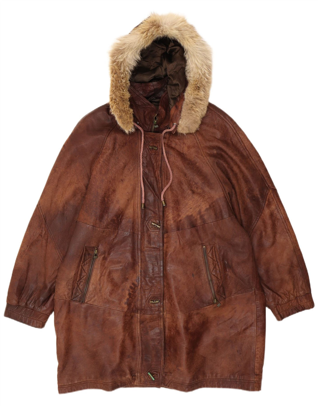 VINTAGE Femme Manteau en cuir à capuche surdimensionné EU 44 XL Cuir Marron