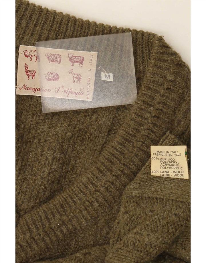 vintage Homme Col V Pull Pull Moyen Kaki Acrylique