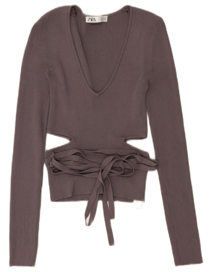 Zara Femme Découpé Crop Top UK 10 Petit Gris Viscose
