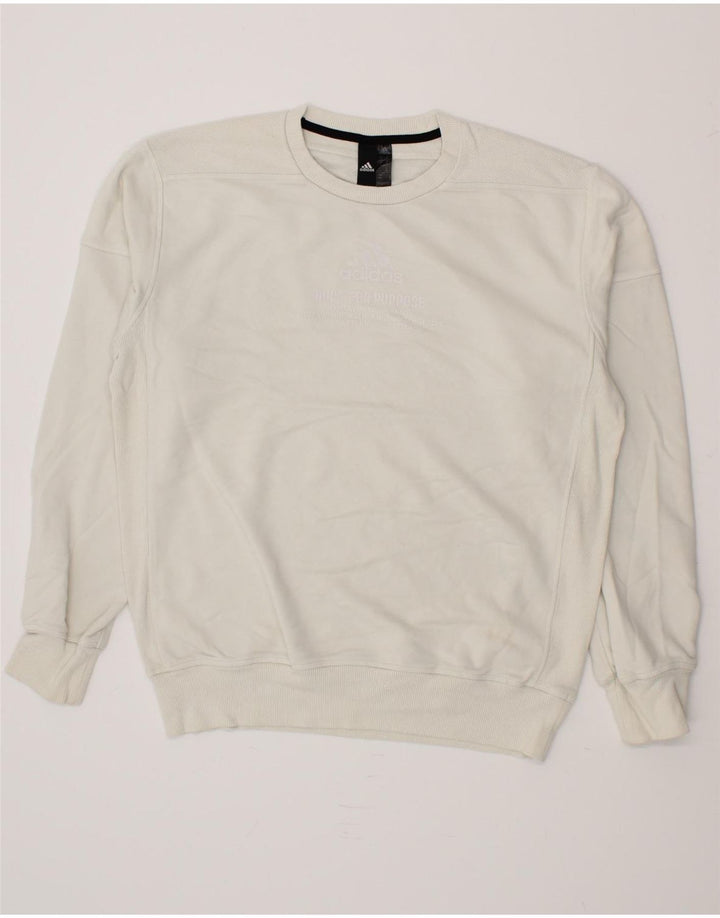 ADIDAS Mens Graphic Sweatshirt Jumper Medium White Cotton Vintage Adidas and Second-Hand Adidas from Messina Hembry 