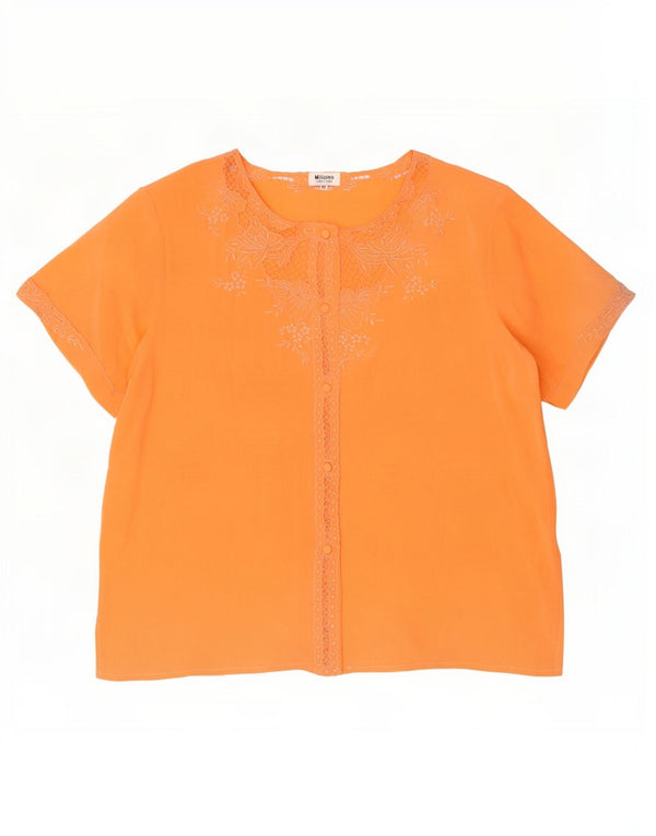 vintage Femme Chemise À Manches Courtes Blouse IT 42 Soie Florale Orange Moyenne