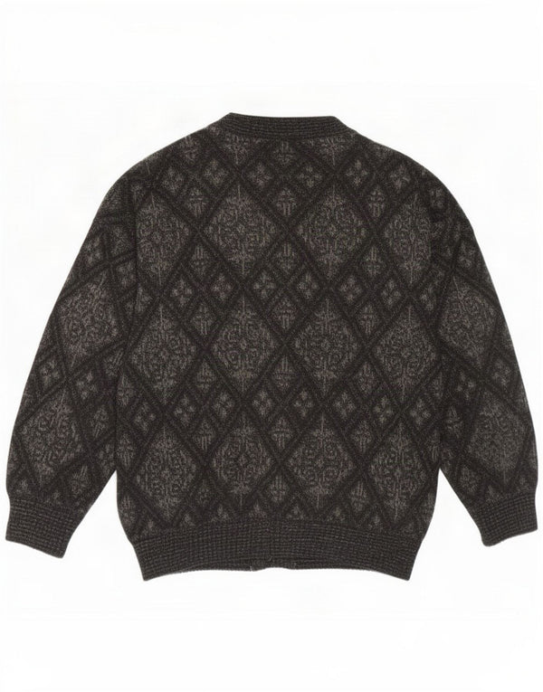 Vintage Mens Regular Fit Cardigan Sweater XL Gris Géométrique Laine