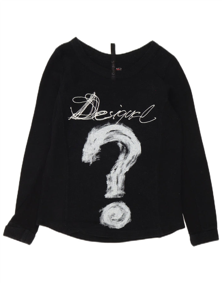Desigual Femme Graphic Top Manches Longues UK 14 Moyen Noir Coton