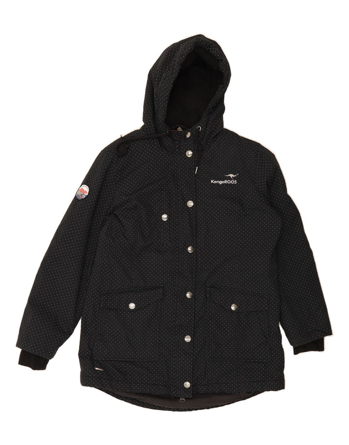 KANGAROOS Womens Hooded Parka Jacket UK 20 2XL Black Spotted Polyester Vintage Kangaroos and Second-Hand Kangaroos from Messina Hembry 