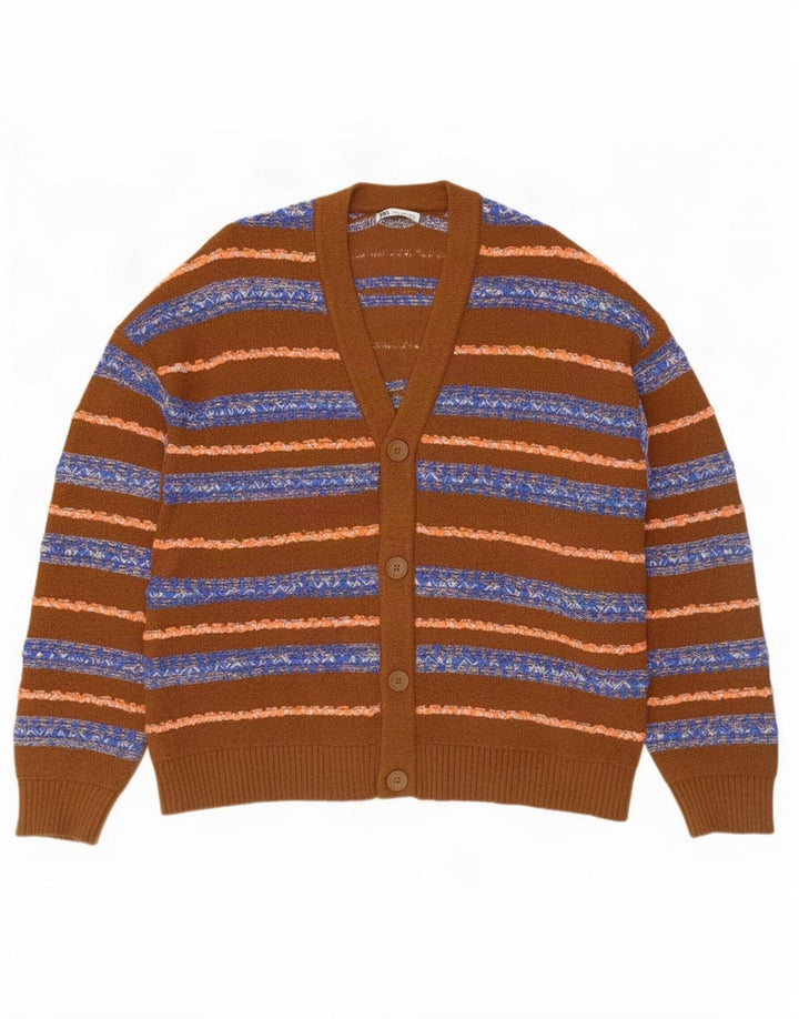 Zara Homme Cardigan Pull Marron Moyen Rayé Coton