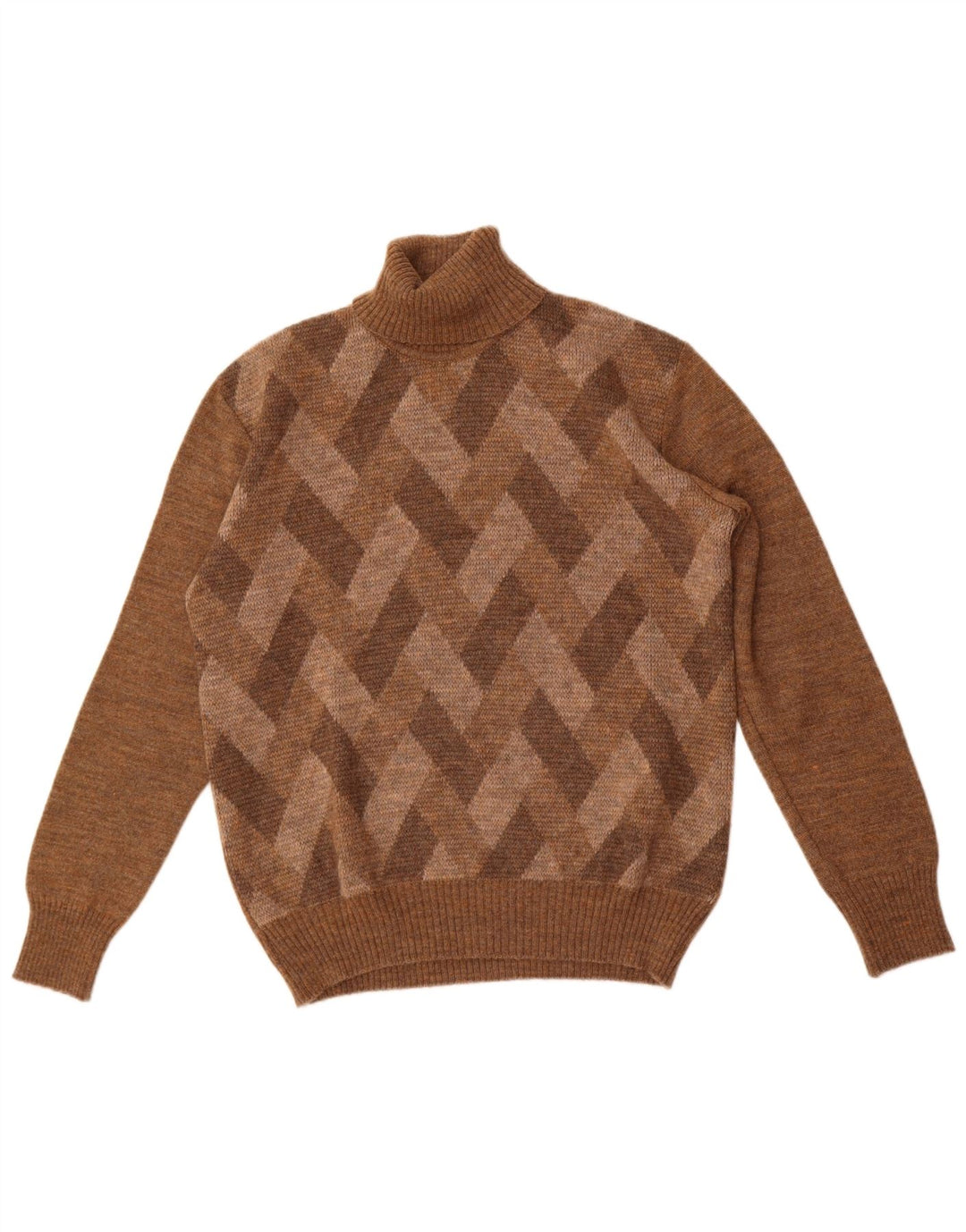 vintage Homme Col Roulé Pull Pull Marron Moyen Argyle/Diamant
