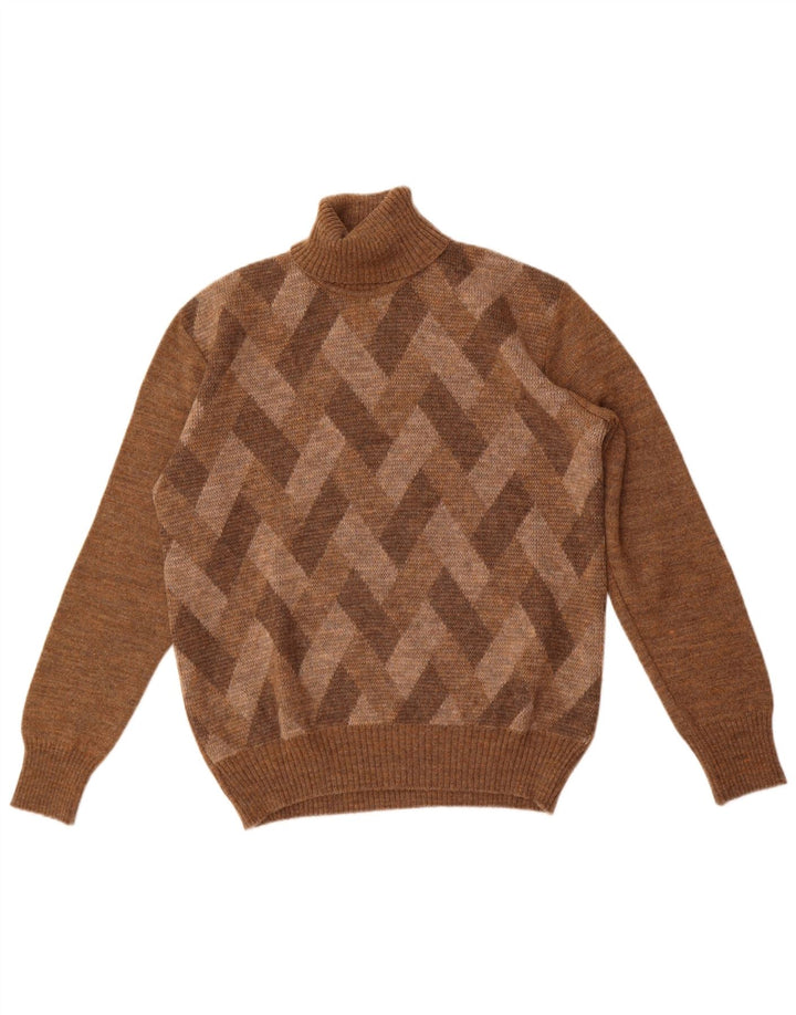 vintage Homme Col Roulé Pull Pull Marron Moyen Argyle/Diamant