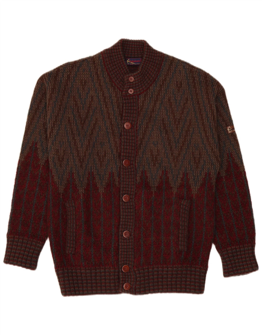 vintage Mens Cardigan Pull Moyen Bourgogne Géométrique