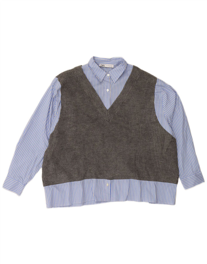 ZARA Femme Chemise Gilet En Tricot Oversize UK 6 XS Bleu Rayé