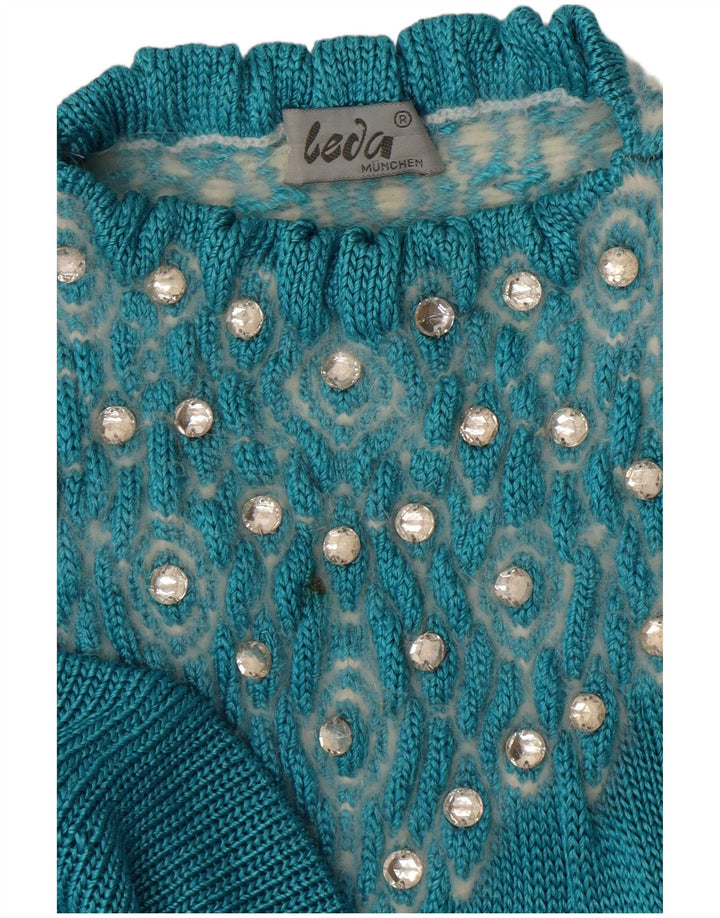 vintage Femmes Motif Abstrait Crew Neck Jumper Pull UK 14 Grand Bleu