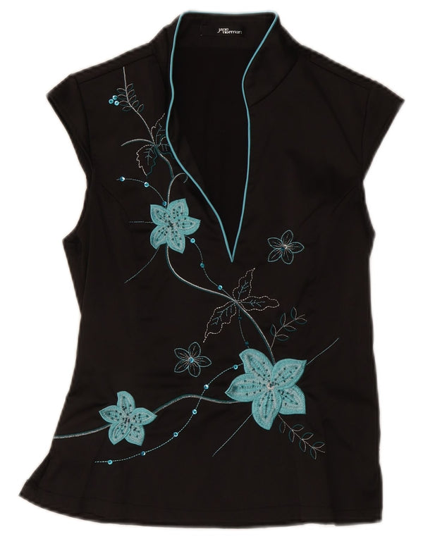 Jane Norman Womens Blouse Top UK 12 Medium Black Floral Polyester