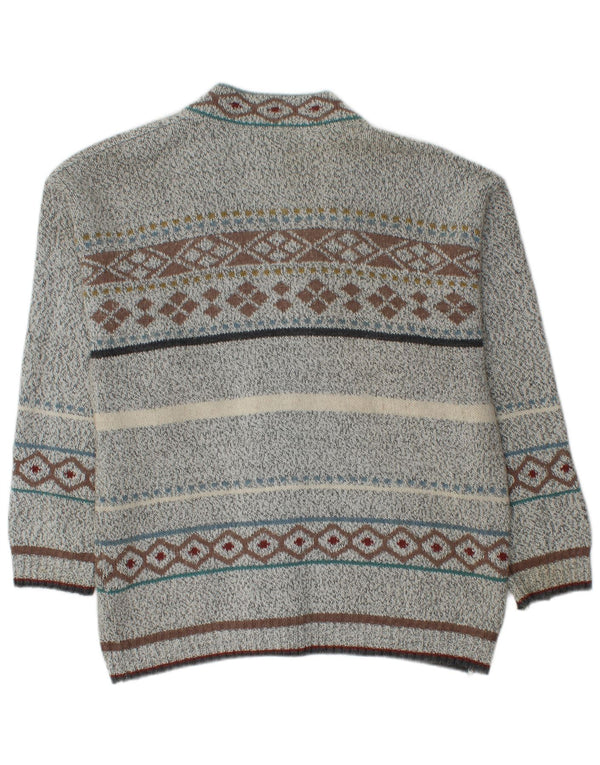VINTAGE Pull Cardigan Homme Gris Moyen Fair Isle