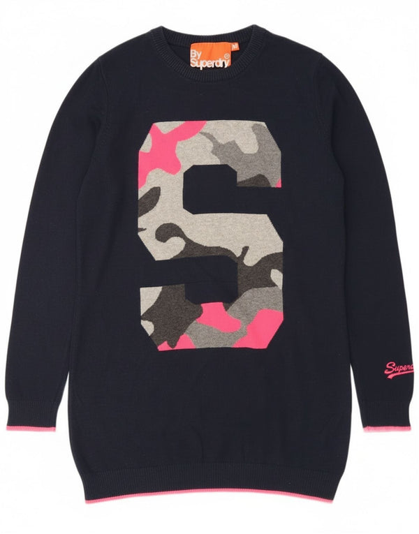 Superdry Pull long à col rond pour femme UK 12 Bleu marine moyen