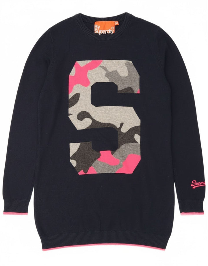 Superdry Pull long à col rond pour femme UK 12 Bleu marine moyen
