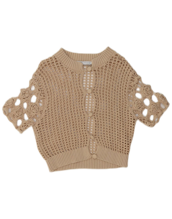 Zara Cardigan transparent à manches courtes pour femme UK 16 Large Beige