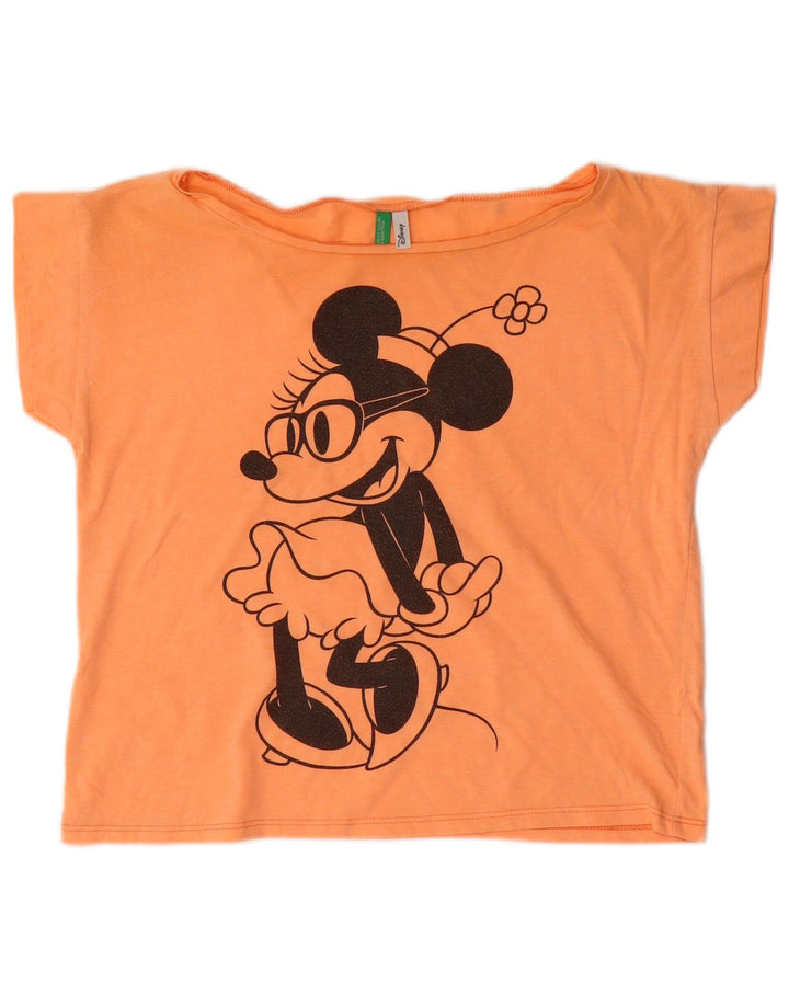BENETTON Femme Mickey Mouse Crop Graphic T-Shirt Top UK 14 Orange Moyen