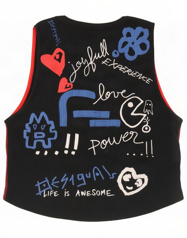 Desigual Womens Crop Abstract Pattern Graphic Vest Top UK 14 Large Black