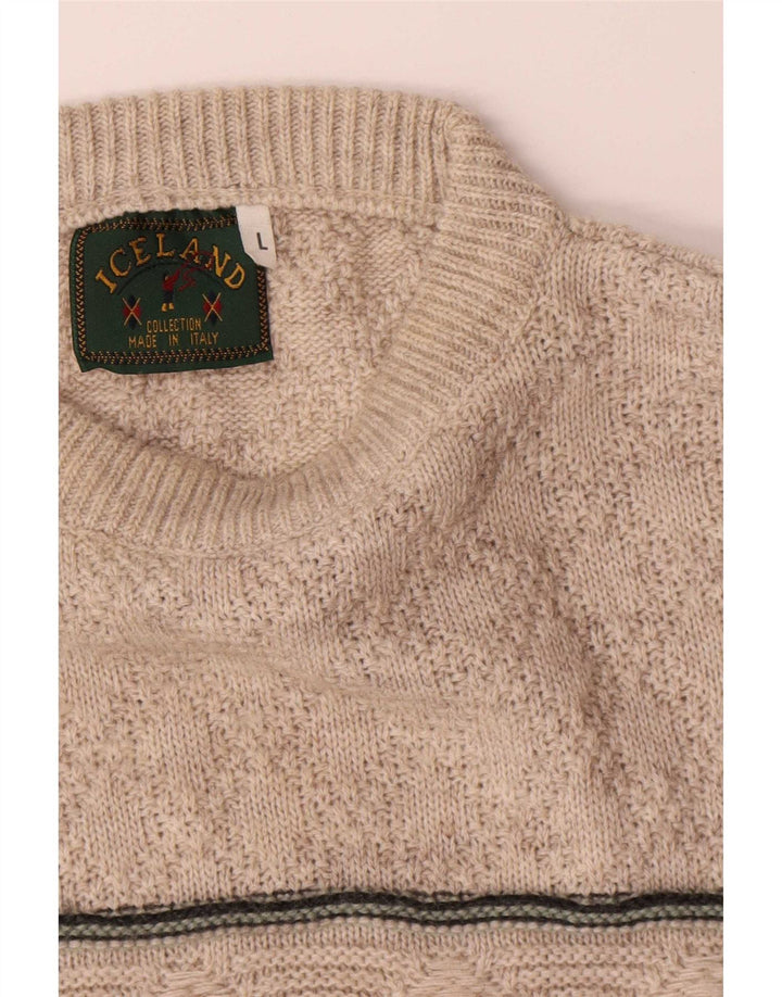 Islande Pull à col rond pour homme en laine rayée beige