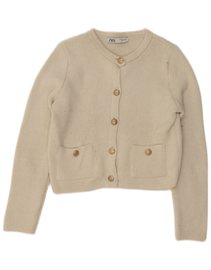 Zara Womens Crop Cardigan Pull UK 14 Moyen Blanc Cassé