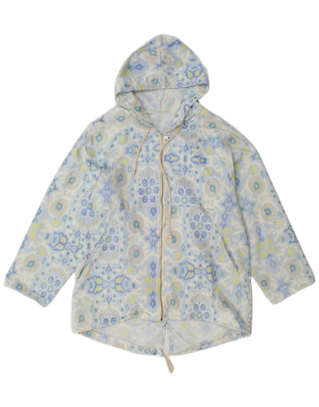 VINTAGE Veste Parka à capuche femme UK 16 Grand coton floral bleu