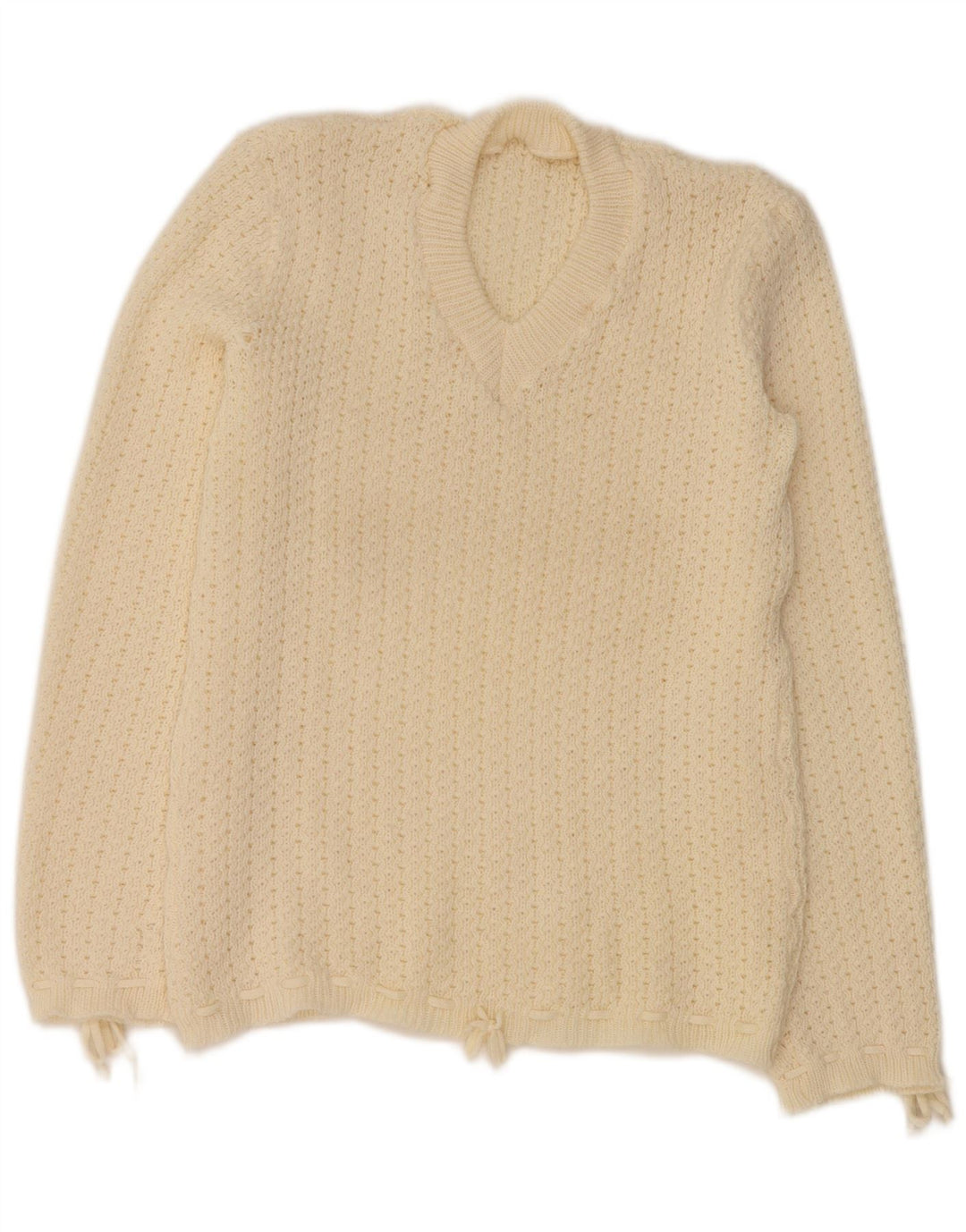 VINTAGE Pull col V femme UK 12 Medium Off White