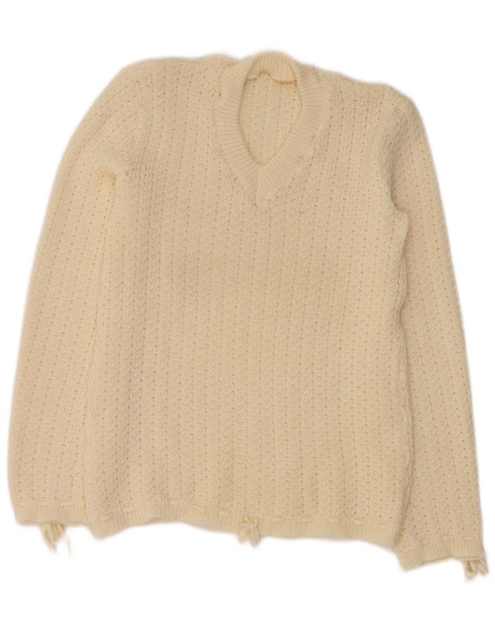VINTAGE Pull col V femme UK 12 Medium Off White