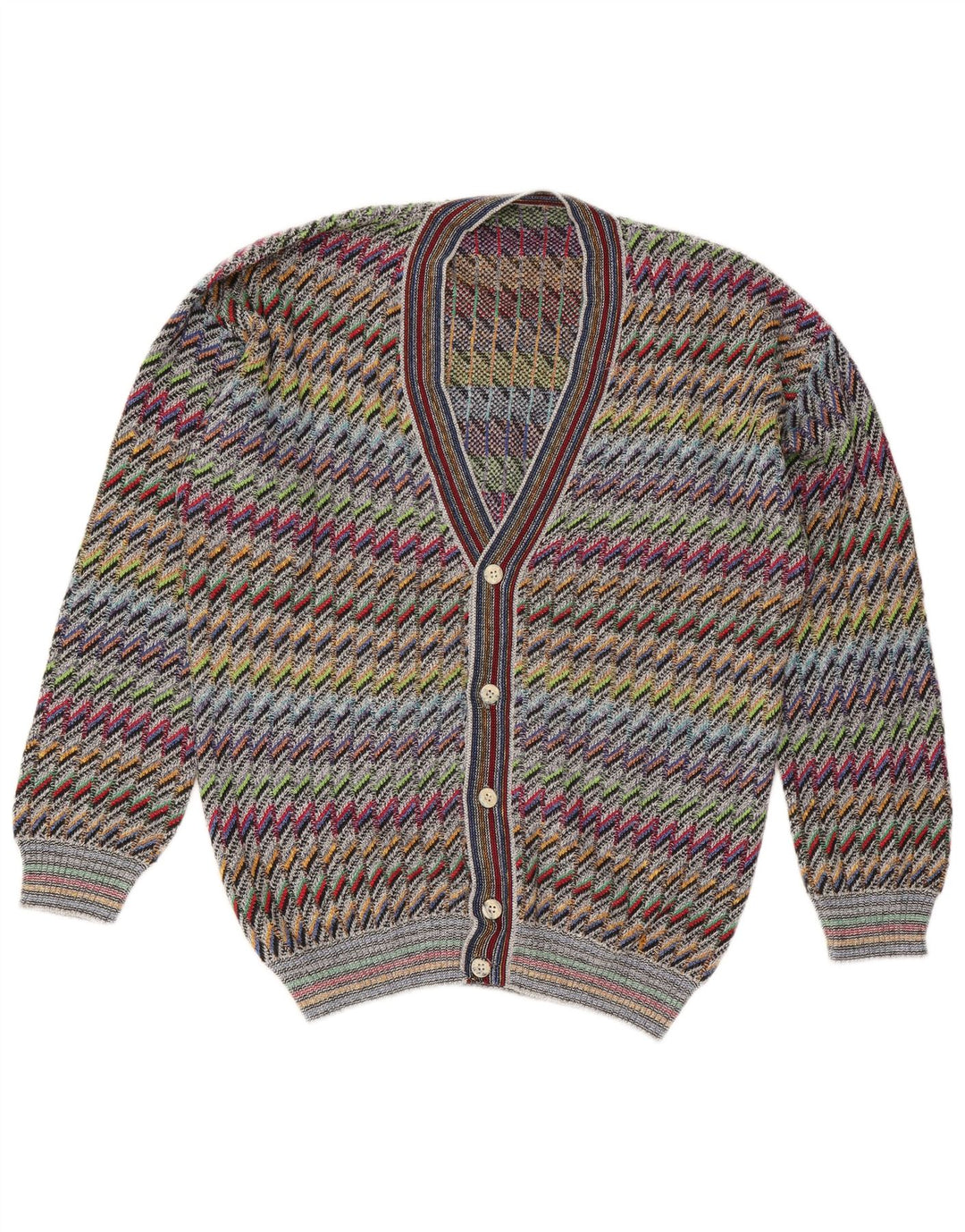 vintage Mens Cardigan Sweater IT 50 Moyen Multicolore Chevron Coton