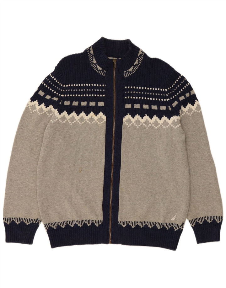 NAUTICA Mens Cardigan Sweater Medium Grey Fair Isle Cotton