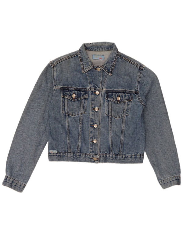 VINTAGE Veste en denim crop femme UK 14 Bleu moyen