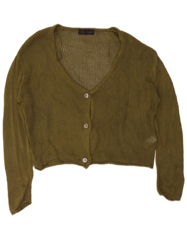 Zara Womens Crop Cardigan Pull UK 16 Grand Kaki Coton