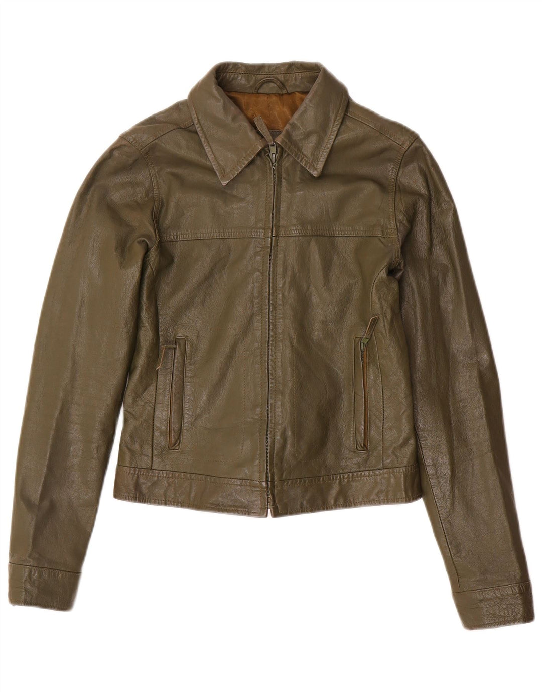 Zara Womens Trafaluc Crop Veste en cuir UK 12 Cuir kaki moyen