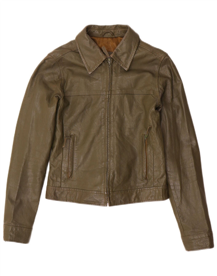 Zara Womens Trafaluc Crop Veste en cuir UK 12 Cuir kaki moyen